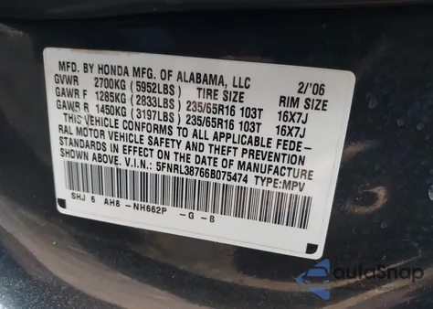 2006 Honda Odyssey Ex-L from USA, damaged, VIN 5FNRL38766B075474